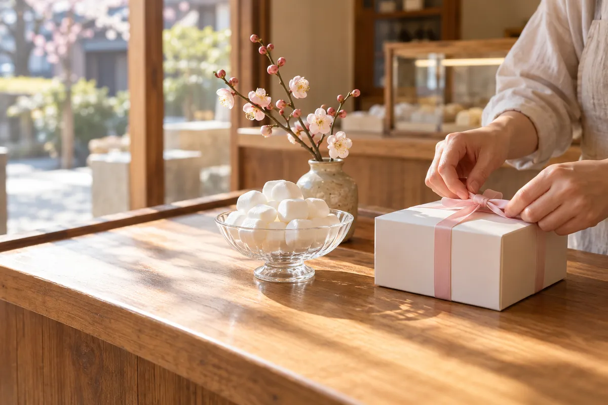 店のカウンターでマシュマロと贈り物を包む手元