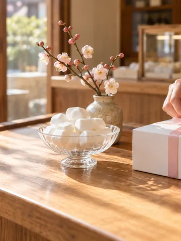 店のカウンターでマシュマロと贈り物を包む手元