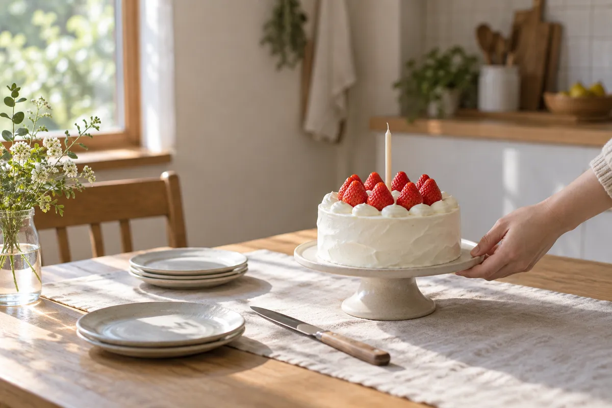 食卓のケーキスタンドにのった丸いホールケーキ