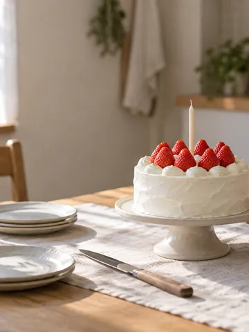 食卓のケーキスタンドにのった丸いホールケーキ