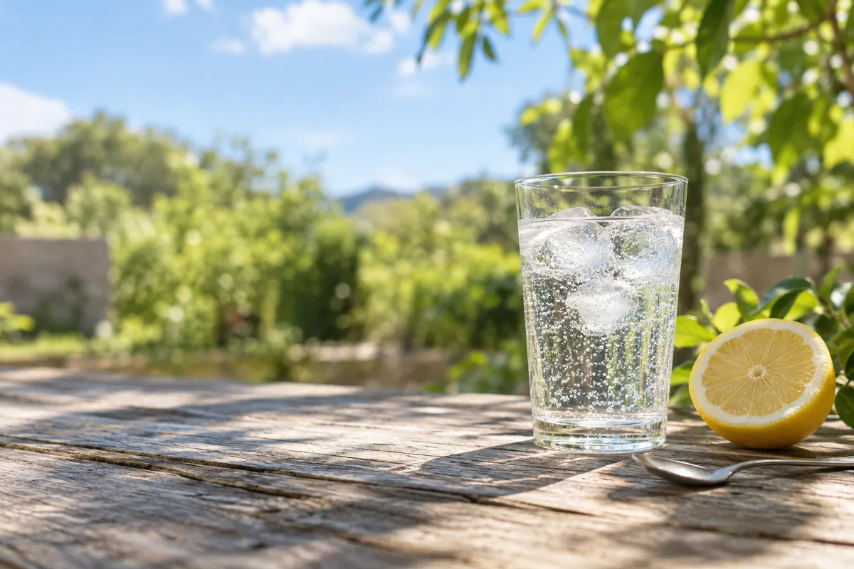 日なたの屋外テーブルに置かれた氷入りの炭酸水とレモン
