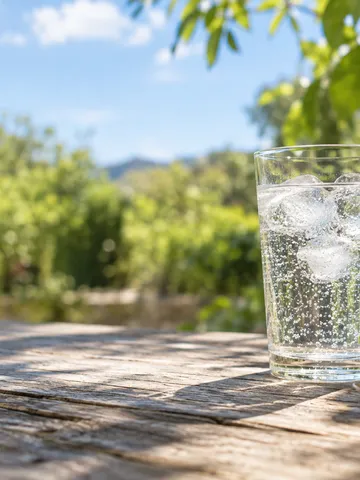 日なたの屋外テーブルに置かれた氷入りの炭酸水とレモン