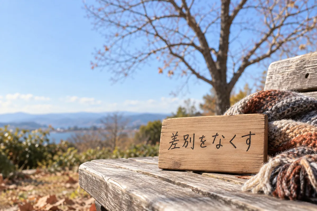 冬の日なたのベンチに置かれた木の札とマフラー