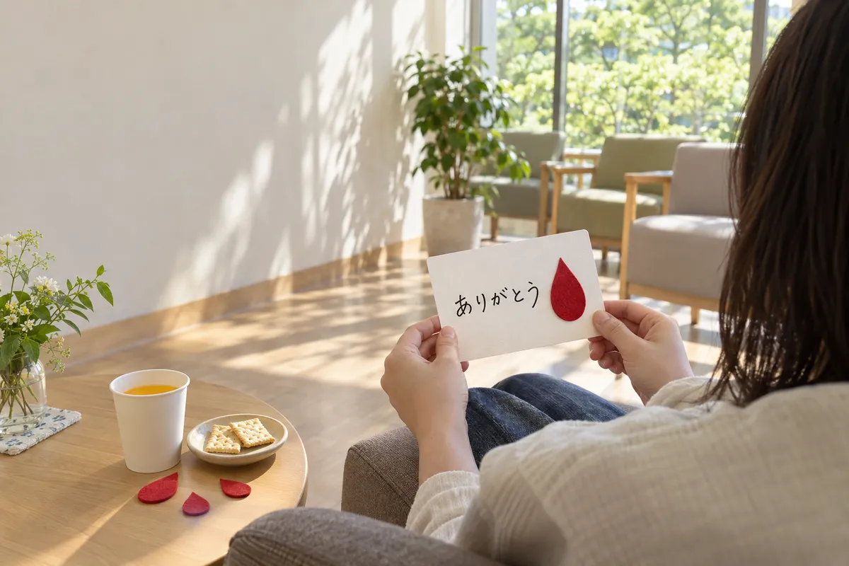赤いしずくの飾りと感謝のカードを持つ手、ジュースと菓子