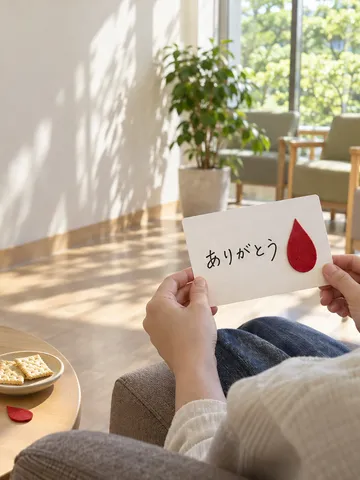 赤いしずくの飾りと感謝のカードを持つ手、ジュースと菓子
