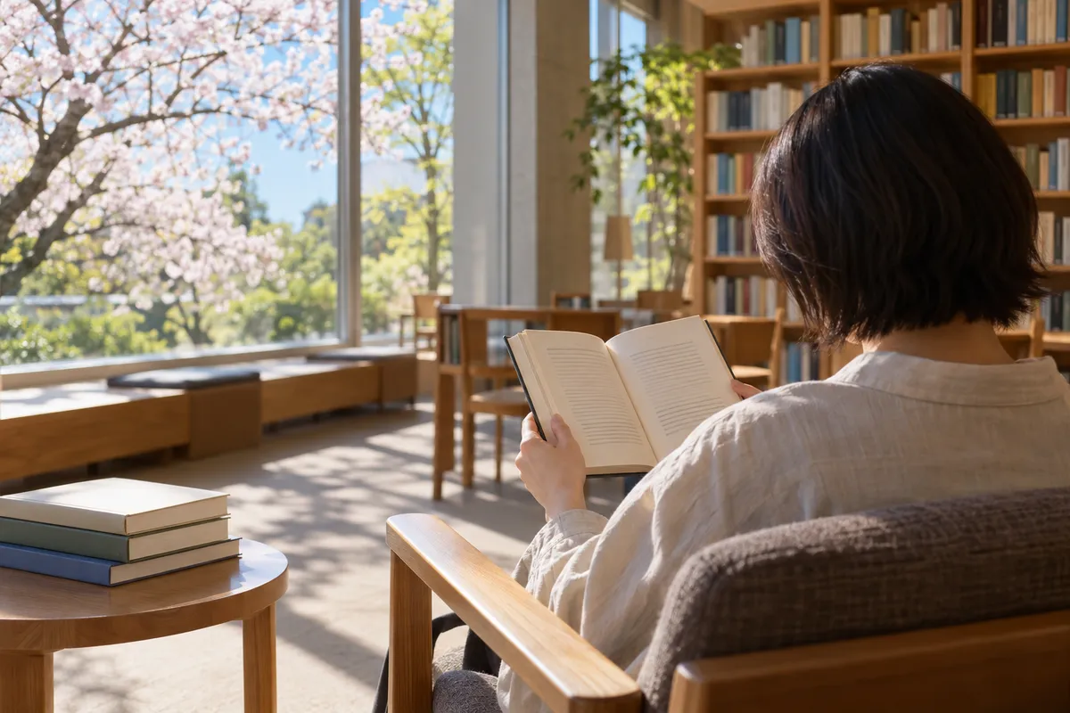 図書館で本の奥付を開く後ろ姿と本棚
