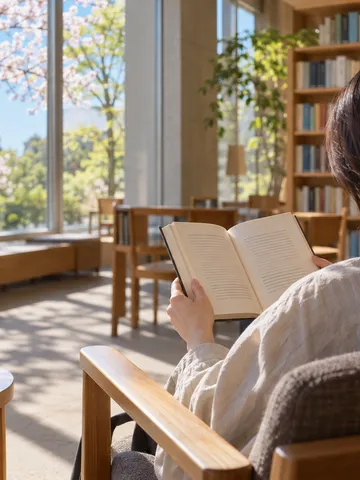 図書館で本の奥付を開く後ろ姿と本棚