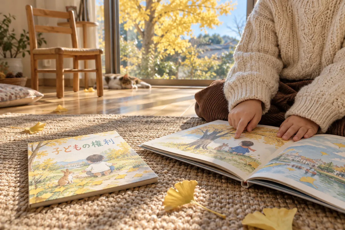 日なたのラグで絵本を開く子どもの手元