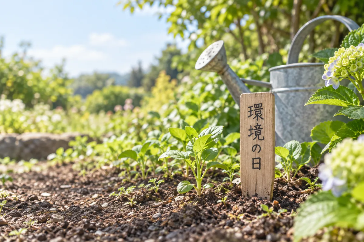 畑の苗のそばに立つ「環境の日」と書かれた木の札