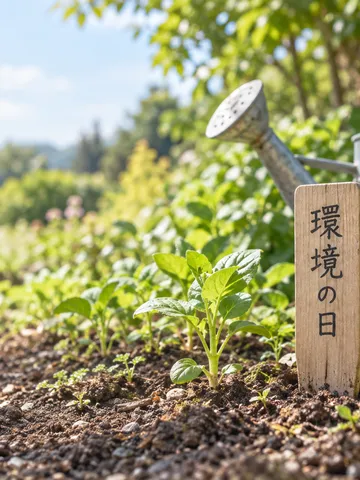 畑の苗のそばに立つ「環境の日」と書かれた木の札
