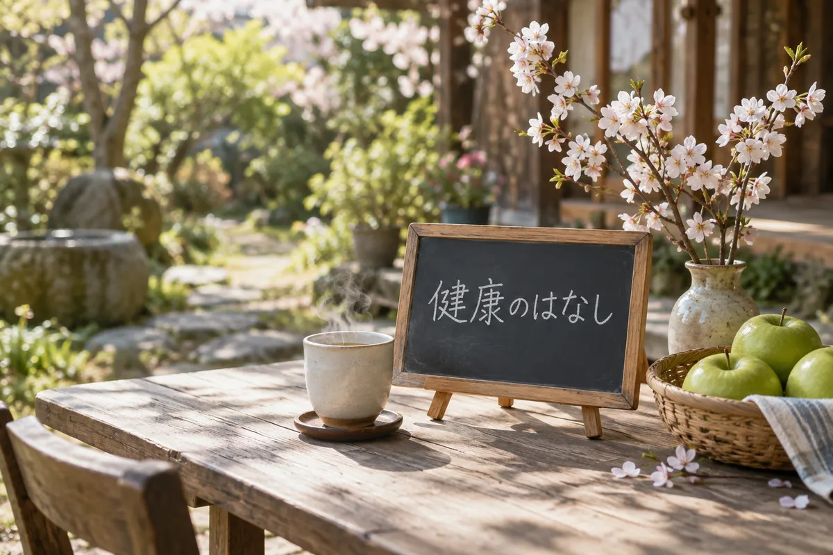 「健康のはなし」と書かれた黒板と白湯、りんご