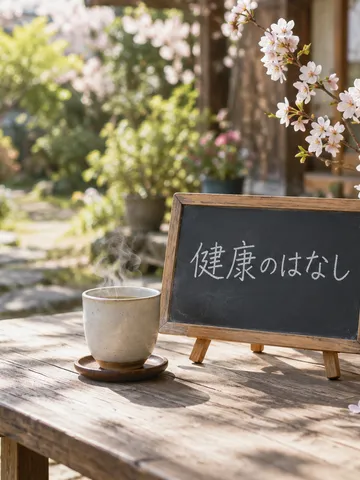 「健康のはなし」と書かれた黒板と白湯、りんご