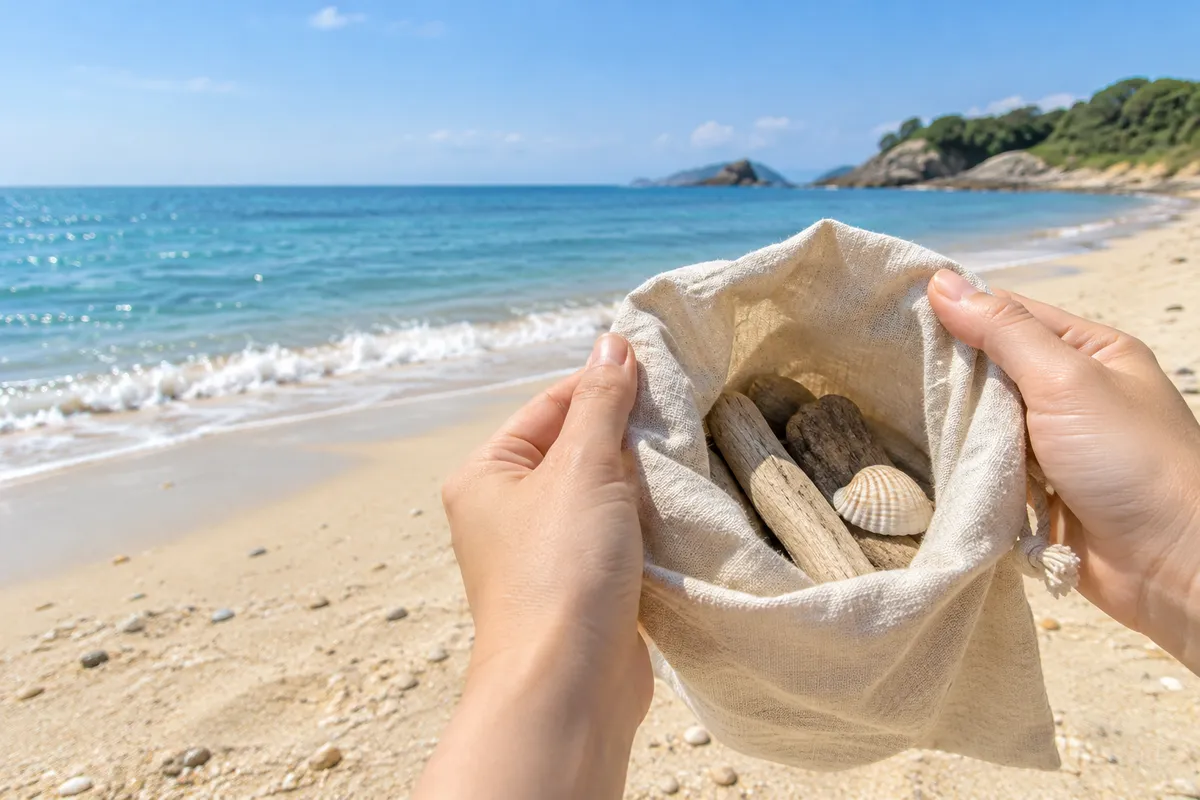 晴れた昼の砂浜で貝や流木を手に持つ様子