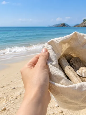 晴れた昼の砂浜で貝や流木を手に持つ様子