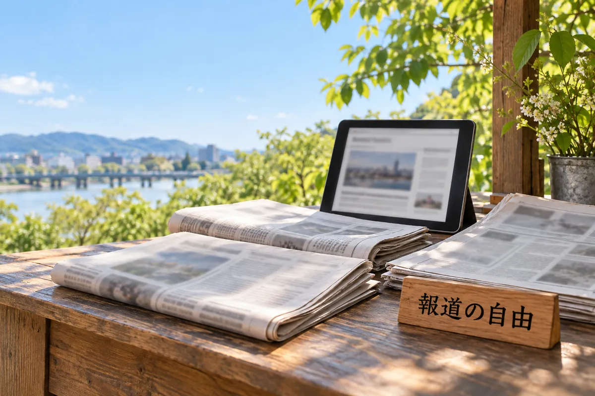 日なたの売店に並ぶ新聞と「報道の自由」の木札