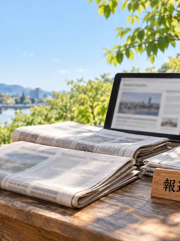 日なたの売店に並ぶ新聞と「報道の自由」の木札