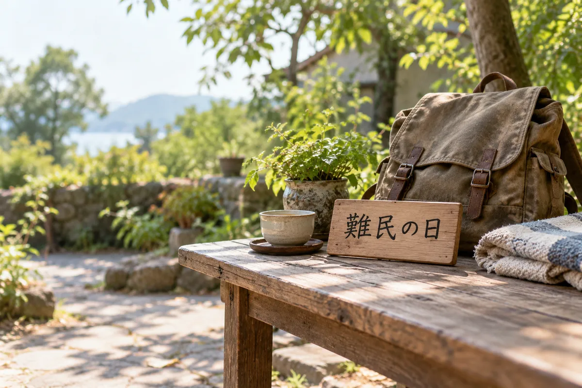 「難民の日」と書かれた木の札とリュック、毛布