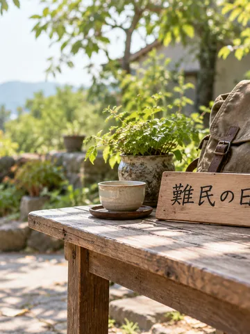 「難民の日」と書かれた木の札とリュック、毛布