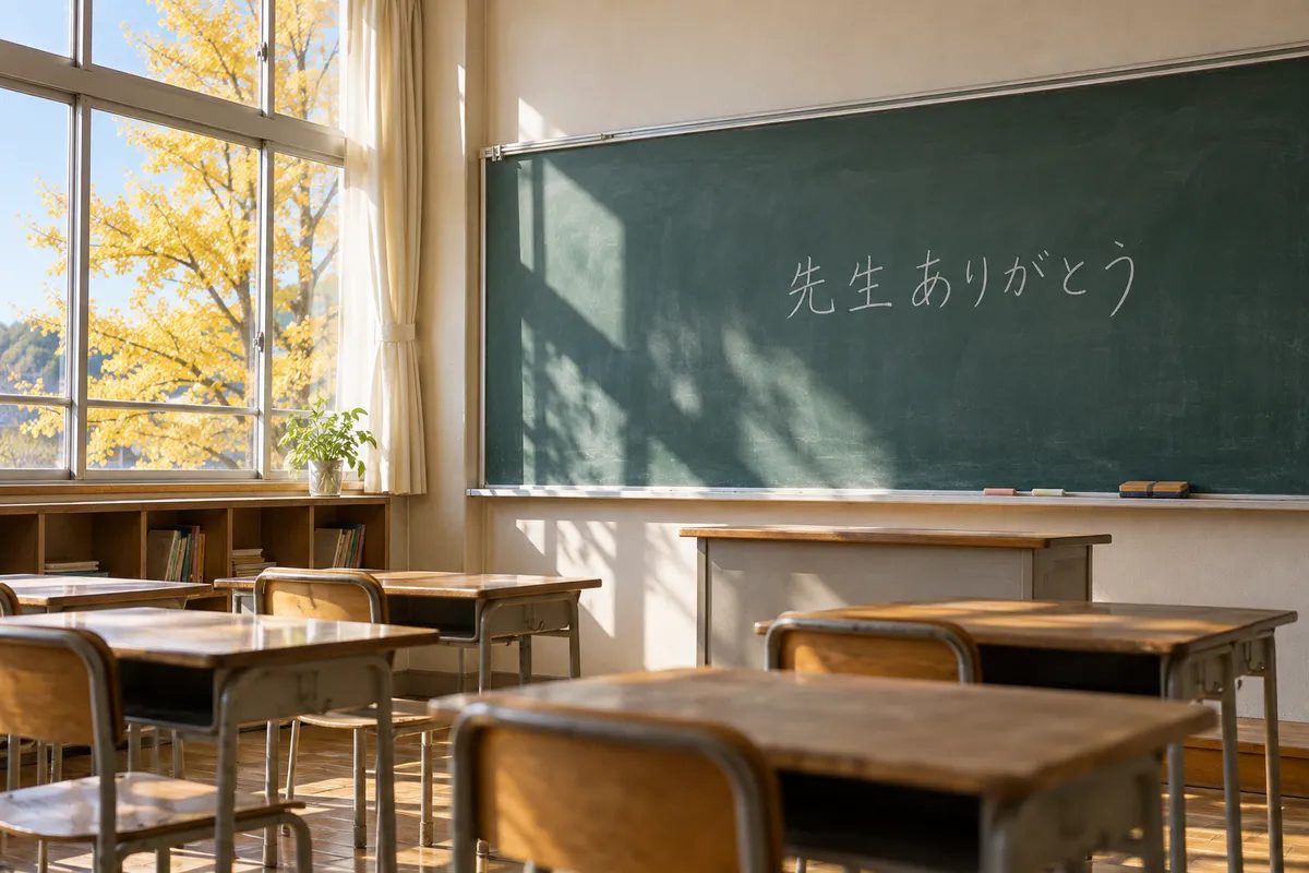 黒板に「先生ありがとう」と書かれた秋の教室