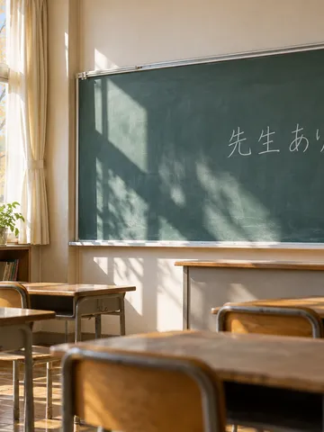 黒板に「先生ありがとう」と書かれた秋の教室