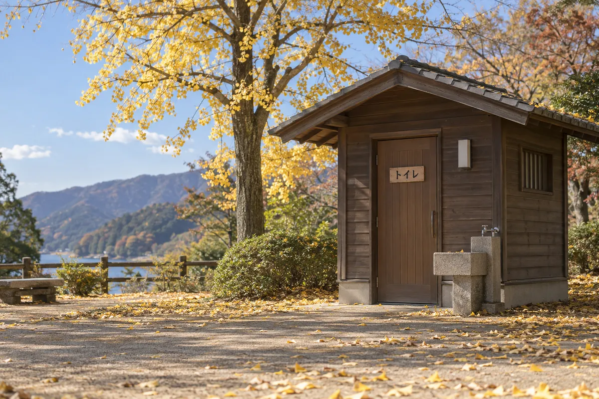 秋の公園にある木造の公衆トイレと手洗い場