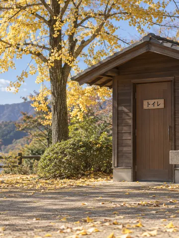 秋の公園にある木造の公衆トイレと手洗い場