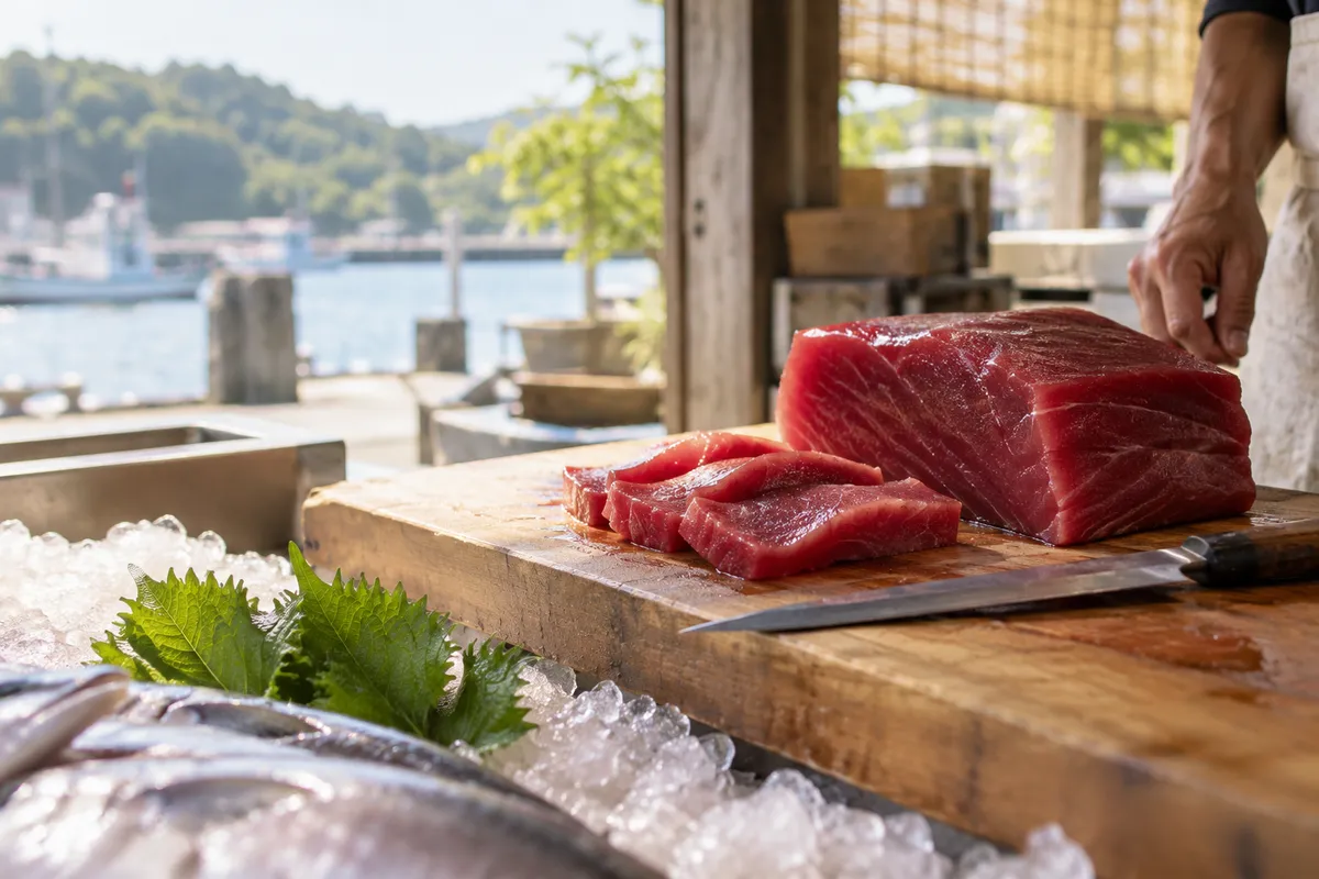 市場の店先で木のまな板に置かれたマグロの柵