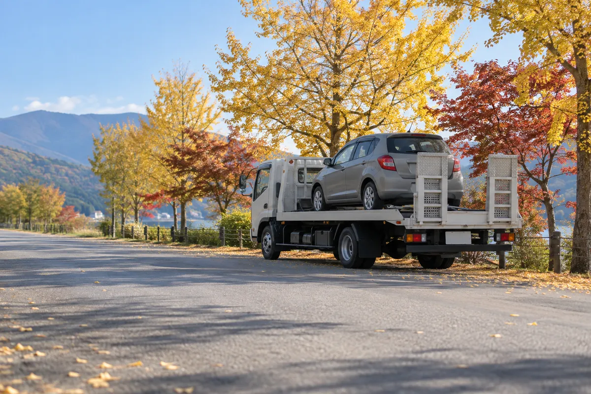 紅葉の並木道で車を載せたレッカー車