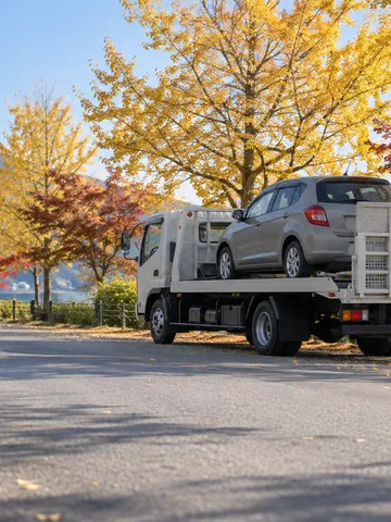 紅葉の並木道で車を載せたレッカー車
