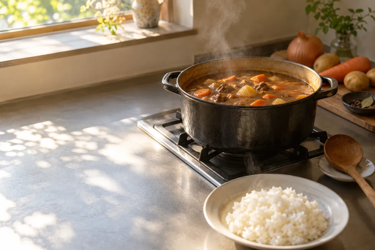 鍋で煮込まれるカレーと白いごはんの台所