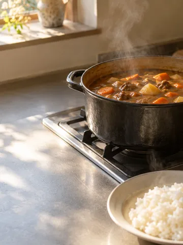 鍋で煮込まれるカレーと白いごはんの台所