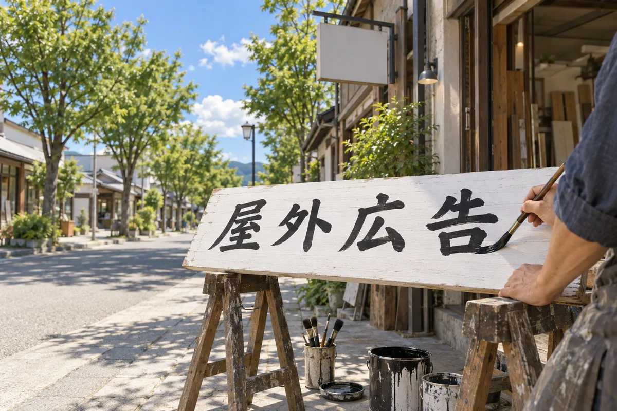 日なたの工房の前で、看板の板に筆で文字を書き入れる手元