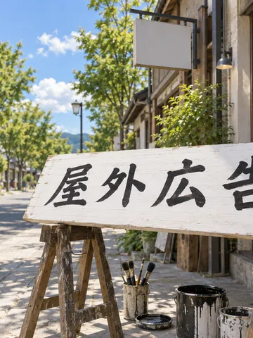 日なたの工房の前で、看板の板に筆で文字を書き入れる手元