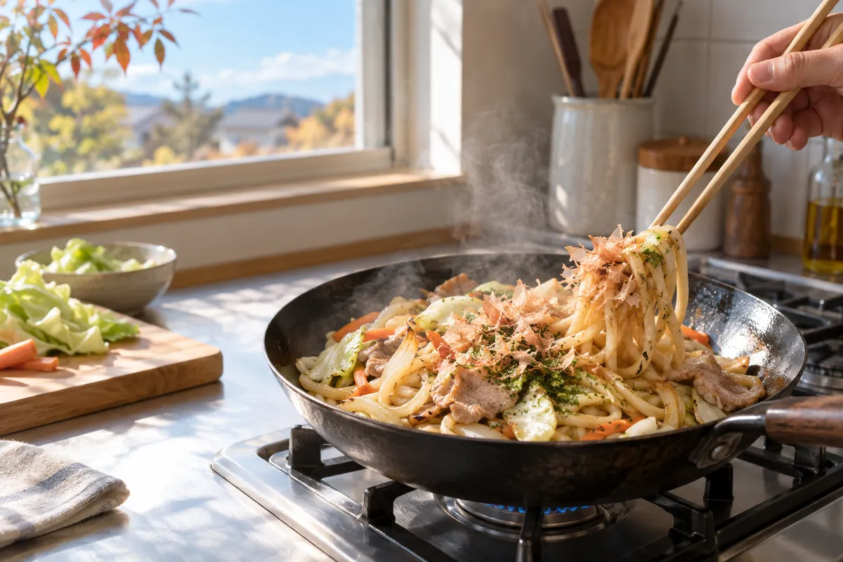 フライパンで炒める焼うどんと野菜