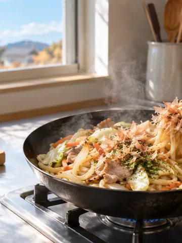 フライパンで炒める焼うどんと野菜