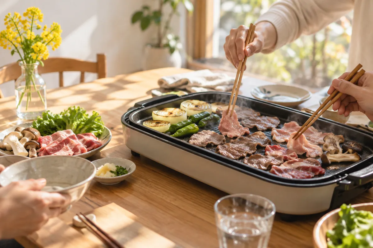 ホットプレートで焼き肉を囲む春の食卓