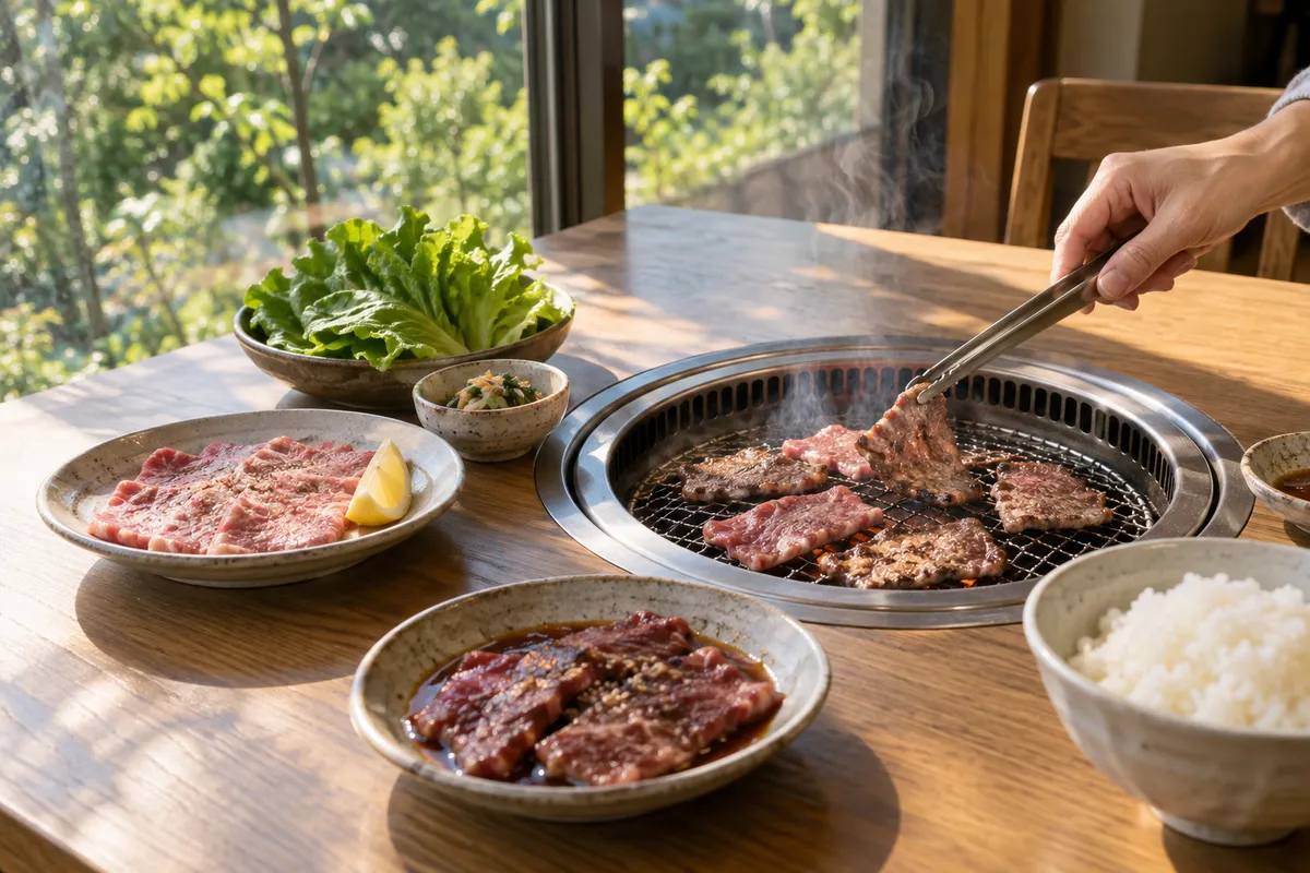 網で焼かれる牛肉と、たれ・塩の皿、サンチュ