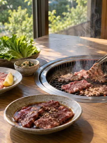 網で焼かれる牛肉と、たれ・塩の皿、サンチュ