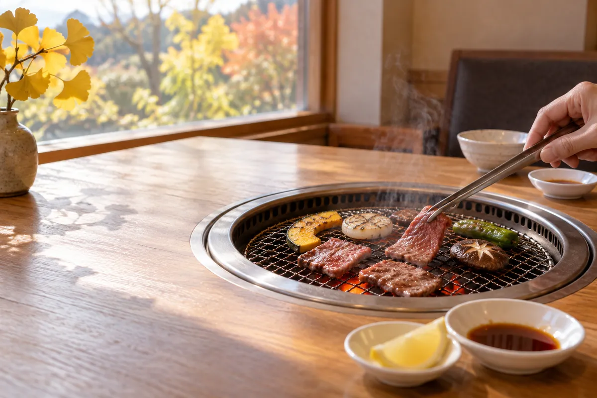 炭火の網で焼かれる牛肉とタレの小皿