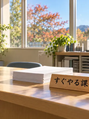 「すぐやる課」の木札が置かれた役所の窓口カウンター