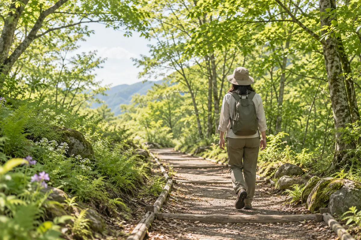 初夏の低山の遊歩道を歩く登山者の後ろ姿
