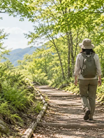 初夏の低山の遊歩道を歩く登山者の後ろ姿