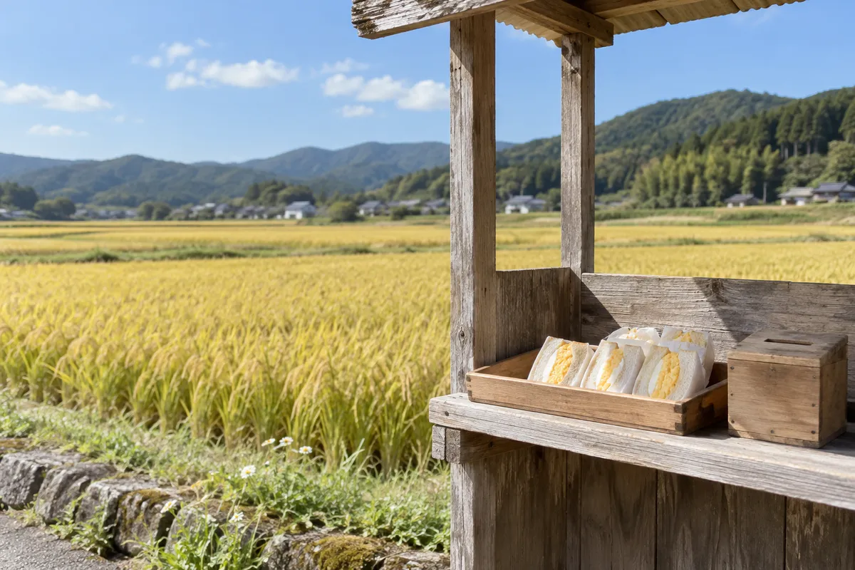 田んぼのそばの無人売店とサンドイッチ