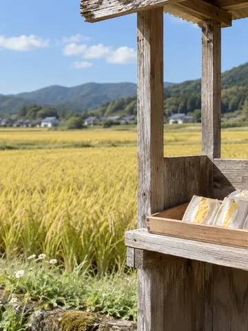 田んぼのそばの無人売店とサンドイッチ