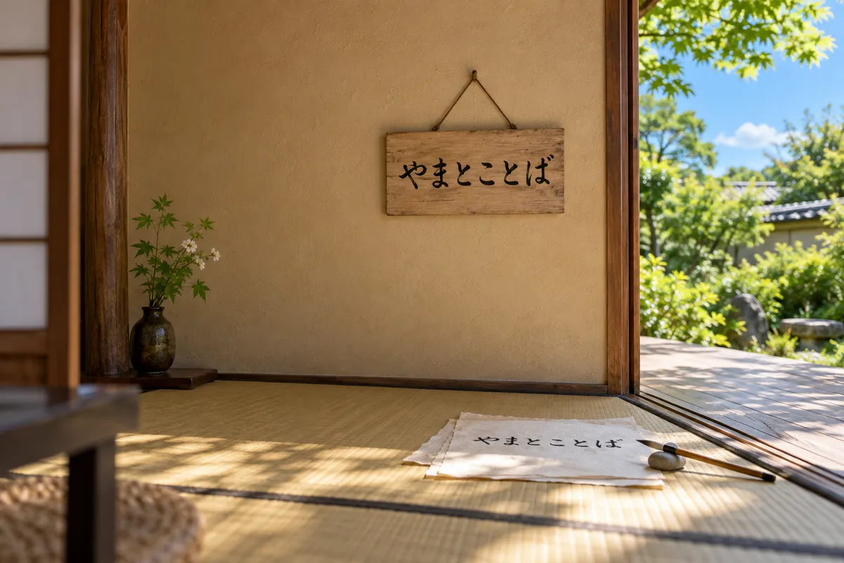 「やまとことば」と書かれた木札と和紙、筆
