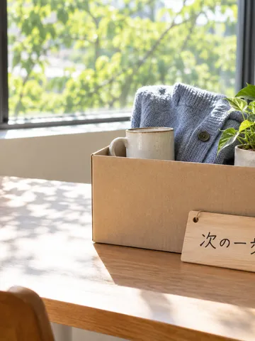 机の上の段ボール箱と「次の一歩」の木札