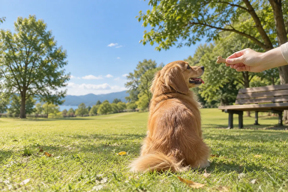 夏の公園で犬におやつを手渡す手元