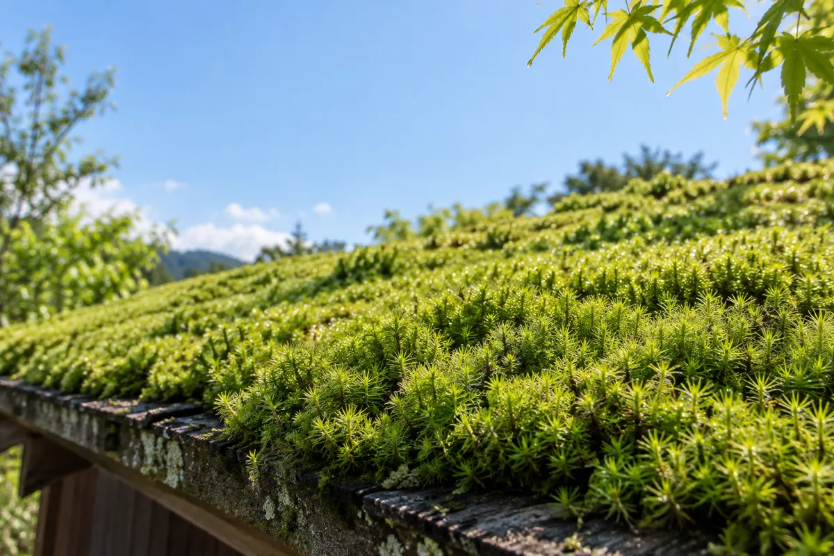 晴れた日の日差しを浴びる、苔に覆われた小屋の屋根