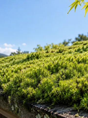 晴れた日の日差しを浴びる、苔に覆われた小屋の屋根