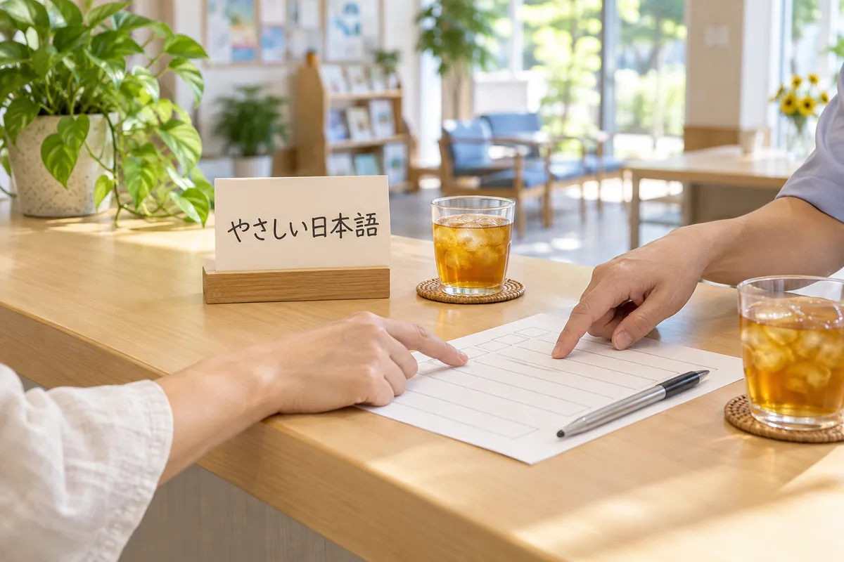 「やさしい日本語」と書かれた札が立つ受付カウンター